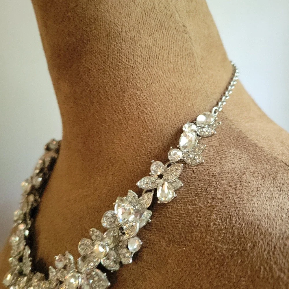 INC International Concepts Silver Tone Crystal Floral Statement Necklace Glam